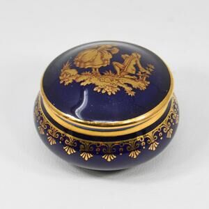 VTG Limoges d'Art Cobalt Blue Gold Fragonard Courting Couple Powder Trinket Box